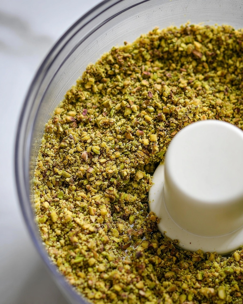 The image shows a close-up of a food processor bowl filled with finely ground pistachios. The crushed pistachios layer is almost even, with small green, yellow, and brown bits filling the bottom of the transparent bowl. The white food processor blade holder is visible on the right side, with smooth, rounded edges and a matte finish. The background and surface have a white marbled texture, enhancing the focus on the ground nuts inside the clear container. Photo taken with an iphone --ar 4:5 --v 7