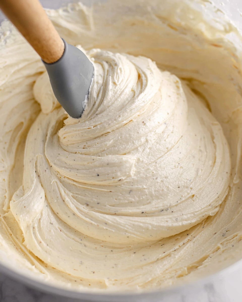 A close-up view of a large white bowl filled with smooth, creamy off-white frosting with tiny specks of vanilla visible throughout. The frosting has a thick, fluffy texture with soft peaks and swirls all around. A spatula with a wooden handle and a gray silicone head is partially dipped into the frosting, lifting and folding it gently, creating curved ridges and folds in the mix. The background shows a white marbled surface, keeping the focus on the rich and thick frosting inside the bowl. photo taken with an iphone --ar 4:5 --v 7