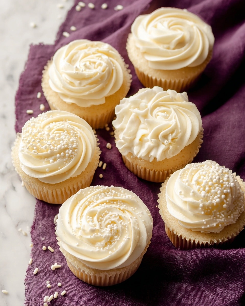 The image shows six vanilla cupcakes arranged in a loose cluster on a white marbled surface with a dark purple cloth underneath some of them. Each cupcake has one layer of pale yellow cake, topped with a thick layer of creamy white frosting. Three cupcakes have frosting swirled in a rose-like pattern with small white round sprinkles on top. Two cupcakes have smooth frosting with white rod-shaped sprinkles scattered evenly. One cupcake is only partially visible with smooth frosting. The scene has a soft, natural light. Photo taken with an iphone --ar 4:5 --v 7