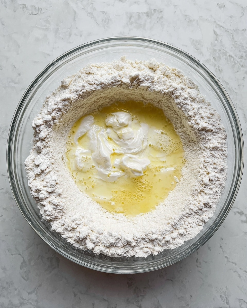A clear round glass bowl sits on a white marbled surface, filled with layers of ingredients ready to mix. The bottom and outer layer consists of fine white flour, forming a thick ring around the edges. In the center, there is a pool of pale yellow liquid with a slightly shiny, watery texture, mixed gently with a few dollops of thick, white creamy substance. The overall color palette is light, with white flour, a soft yellow liquid, and bright white cream within the transparent bowl. Photo taken with an iphone --ar 4:5 --v 7