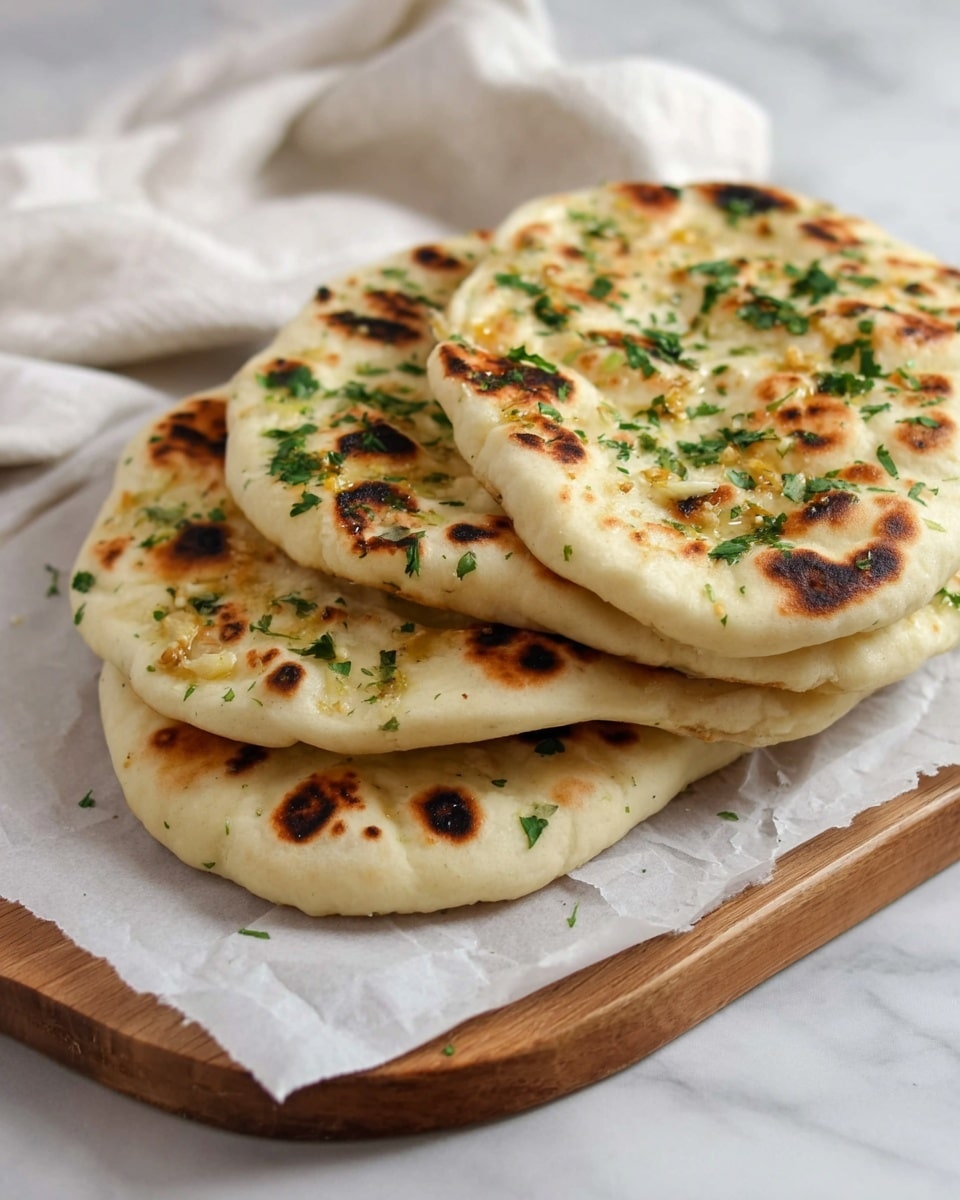 Five pieces of flatbread are stacked slightly overlapping on a white parchment paper placed on a wooden paddle board. Each flatbread is pale beige with uneven dark brown spots from cooking and is sprinkled with small chopped green herbs and small white garlic pieces. The paddle board and flatbreads rest on a white marbled surface creating a clean, bright background. photo taken with an iphone --ar 4:5 --v 7