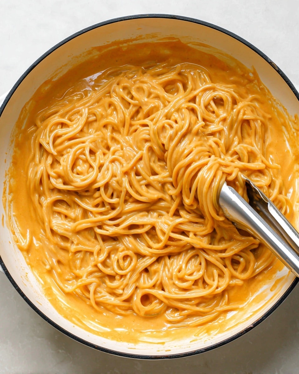 A close-up of thick spaghetti noodles covered in a smooth, creamy orange sauce inside a white skillet with a black rim. The sauce fully coats the noodles, making them look shiny and rich, with some sauce spread thin on the skillet’s base showing a lighter orange shade. A metal tong is partially mixed into the noodles from the right side, lifting some strands and giving a sense of motion. The skillet rests on a white marbled surface. photo taken with an iphone --ar 4:5 --v 7