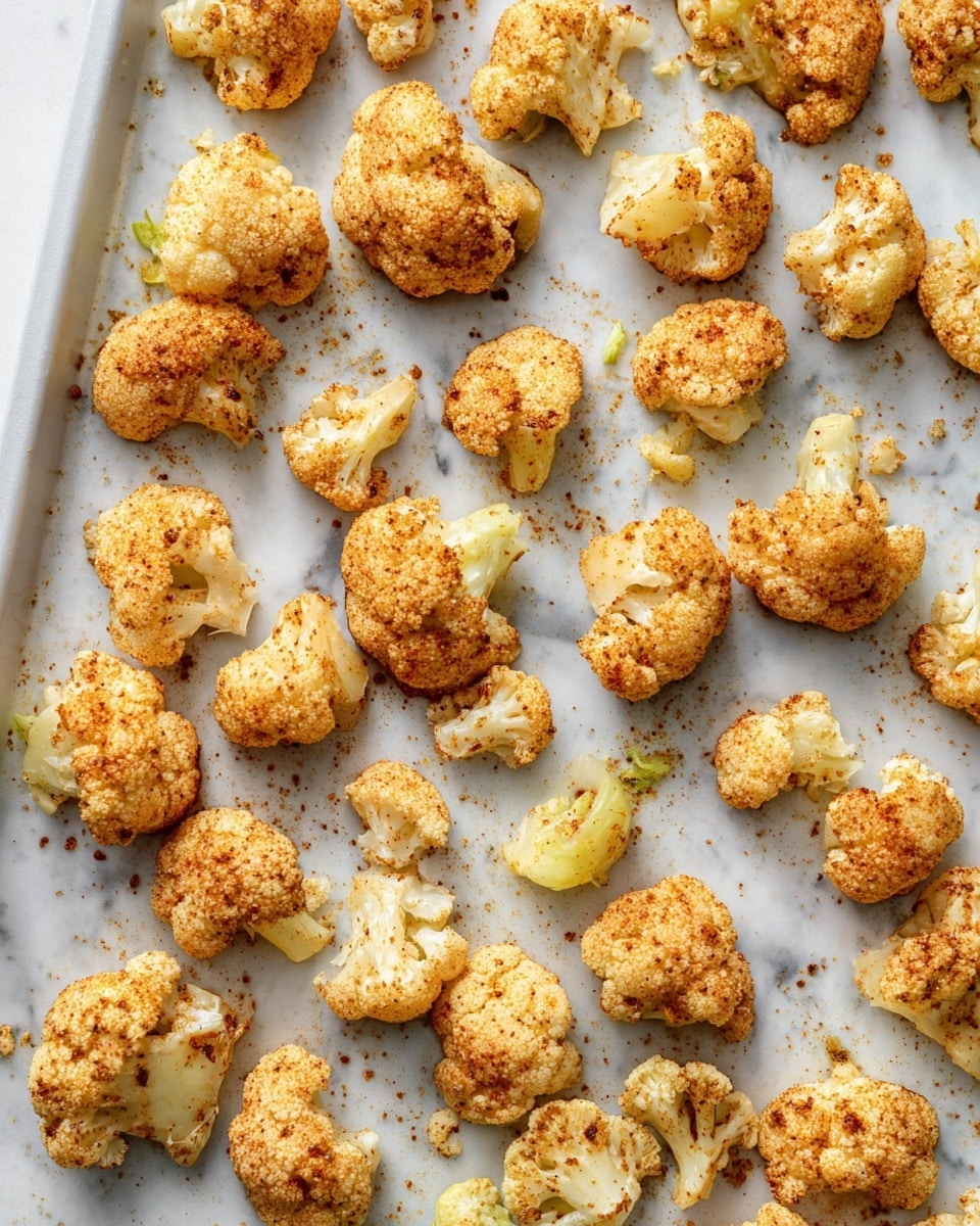 The image shows a white baking tray with about 30 pieces of cauliflower florets spread out evenly. Each cauliflower piece is covered with a light coating of reddish-brown seasoning, giving a slightly rough texture on the surface. The cauliflower pieces vary in size, showing white and light yellow hues underneath the seasoning. The background is a white marbled texture, and there are small scattered bits of seasoning and crumbs on the tray around the cauliflower pieces. photo taken with an iphone --ar 4:5 --v 7