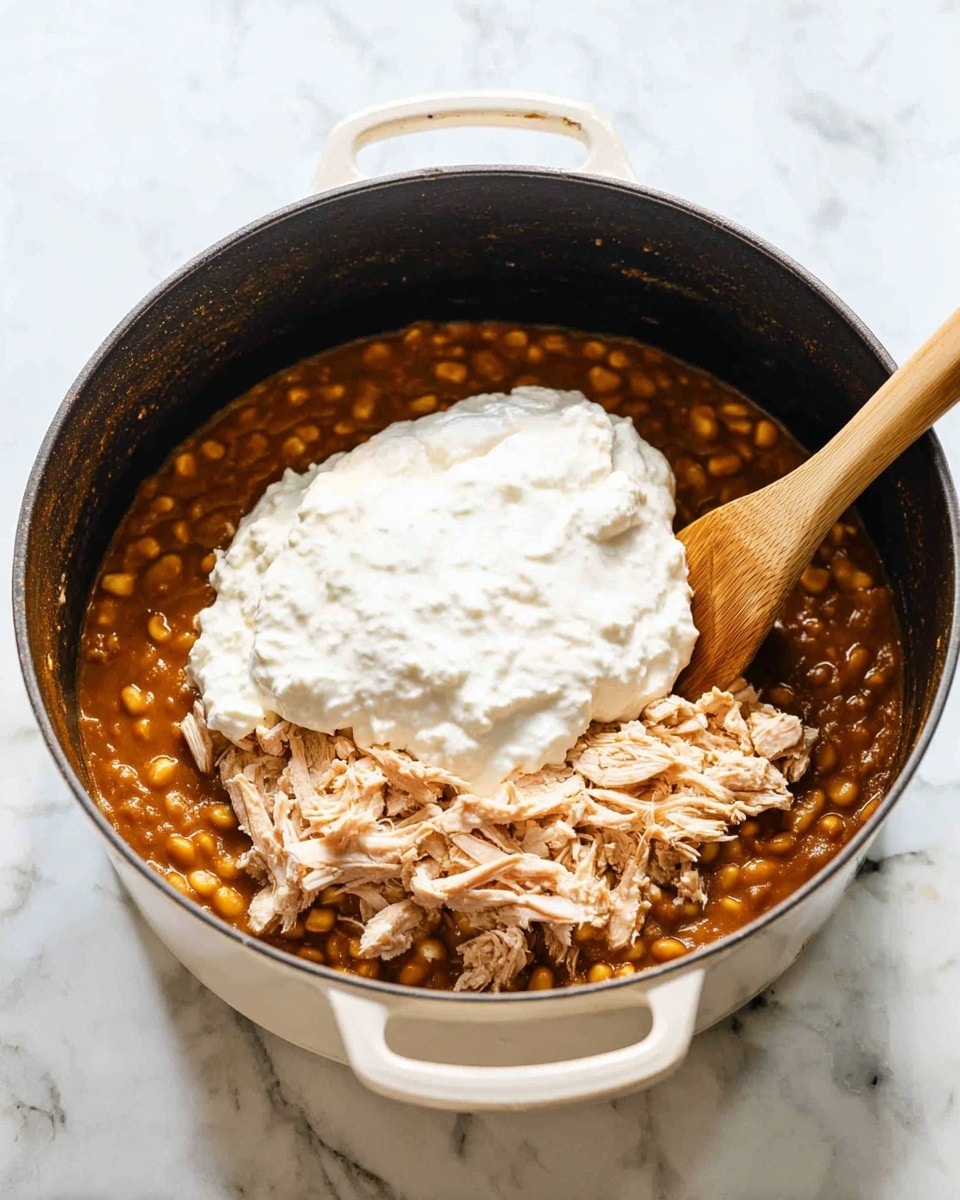 A white cooking pot with black inside is shown on a white marbled surface. Inside the pot, there are three layers: the bottom layer is a thick, brownish soup or stew with small pieces that look like beans or corn; on top of that, there are shredded pieces of light brown meat spread evenly; the top layer is a large spoonful of white creamy sauce placed roughly in the center. A wooden spatula is inside the pot, resting on the edge with the handle sticking out. The scene is bright and clear. Photo taken with an iphone --ar 4:5 --v 7
