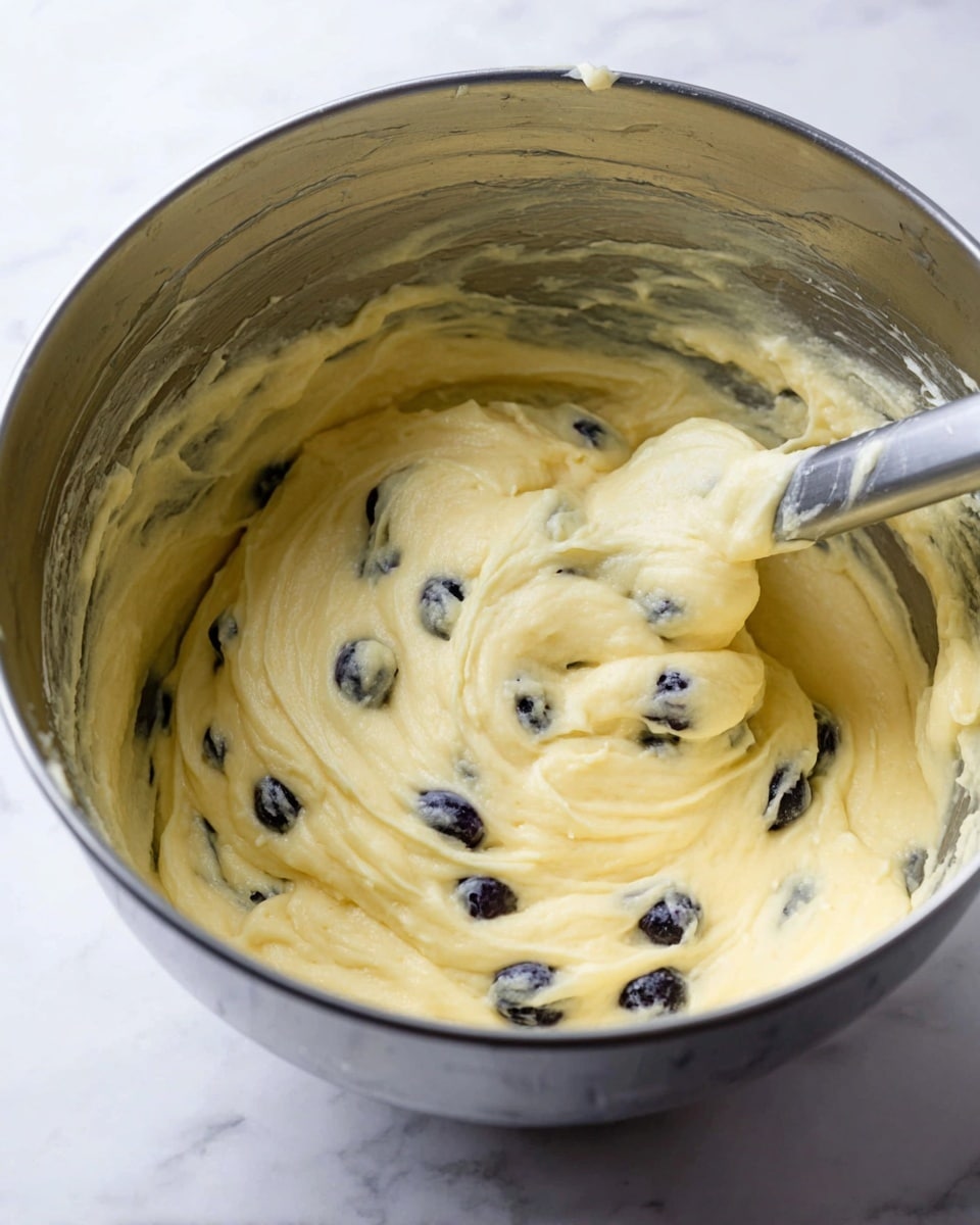 A close-up view of a single large shiny metal mixing bowl filled with thick, pale yellow batter that has small dark blueberries scattered evenly throughout. A metal spatula with batter wrapped around its head rests inside the bowl, showing the creamy texture and smooth swirls of the mixture. The bowl is sitting on a white marbled surface. The photo taken with an iphone --ar 4:5 --v 7