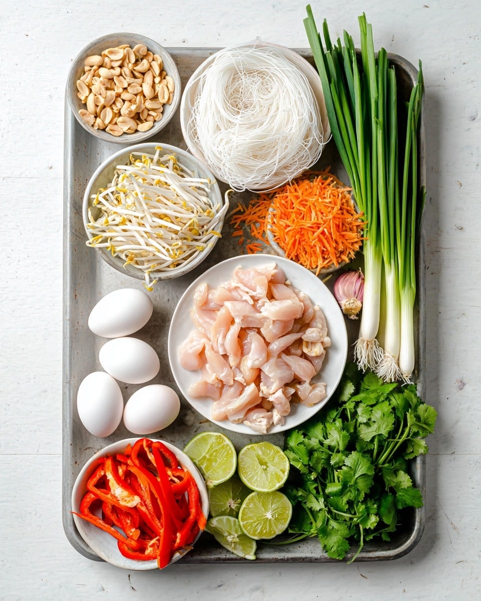 The image shows a large metal tray on a white marbled surface, filled with separate piles of fresh ingredients. In the center, there is a white plate with pale pink raw chicken strips. Above the plate, there are long, thin, white rice noodles. To the right of the plate, long green onions stand upright, beside a pile of bright orange shredded carrots and scattered peanuts. Below the plate, several lime slices and fresh green cilantro leaves are arranged along with more peanuts. On the left side, there are small white bowls holding white bean sprouts, whole garlic cloves, and two white eggs plus one brown egg in another bowl. Below those bowls, red bell pepper strips, two shallots, and a piece of ginger are placed in a neat row. The whole setup is bright, clean, and colorful, showing fresh and raw ingredients clearly. photo taken with an iphone --ar 4:5 --v 7
