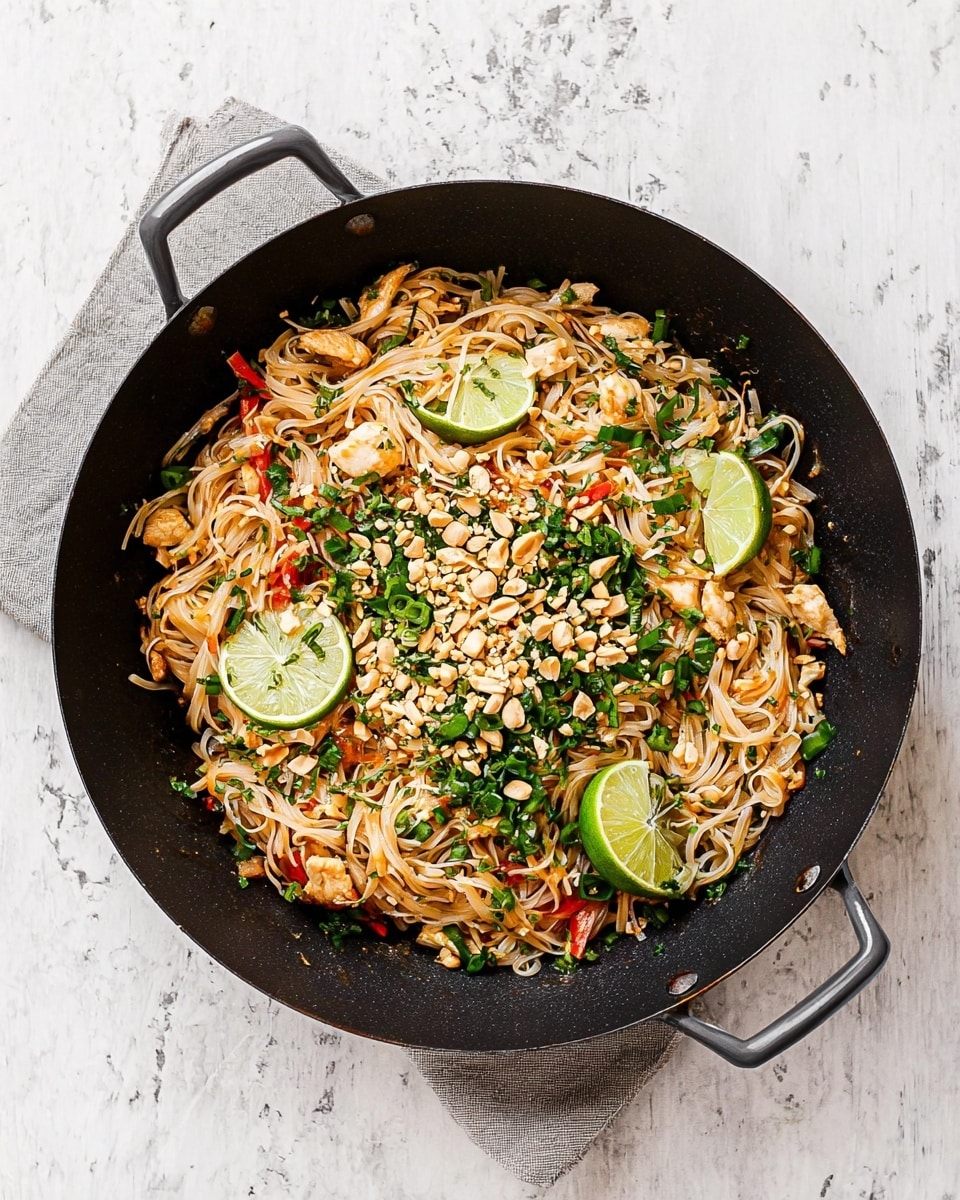A black wok filled with three layers of food sits on a light grey cloth over a white marbled textured surface. The bottom layer is light tan cooked rice noodles mixed with small pieces of golden cooked chicken and bits of red bell pepper. The middle layer has sprinkled chopped fresh green herbs and green onion pieces, giving flecks of green all over the noodles. The top layer is scattered crushed peanuts and two fresh lime slices, one near the center and one near the edge. The wok has dark grey handles on each side. Photo taken with an iphone --ar 4:5 --v 7