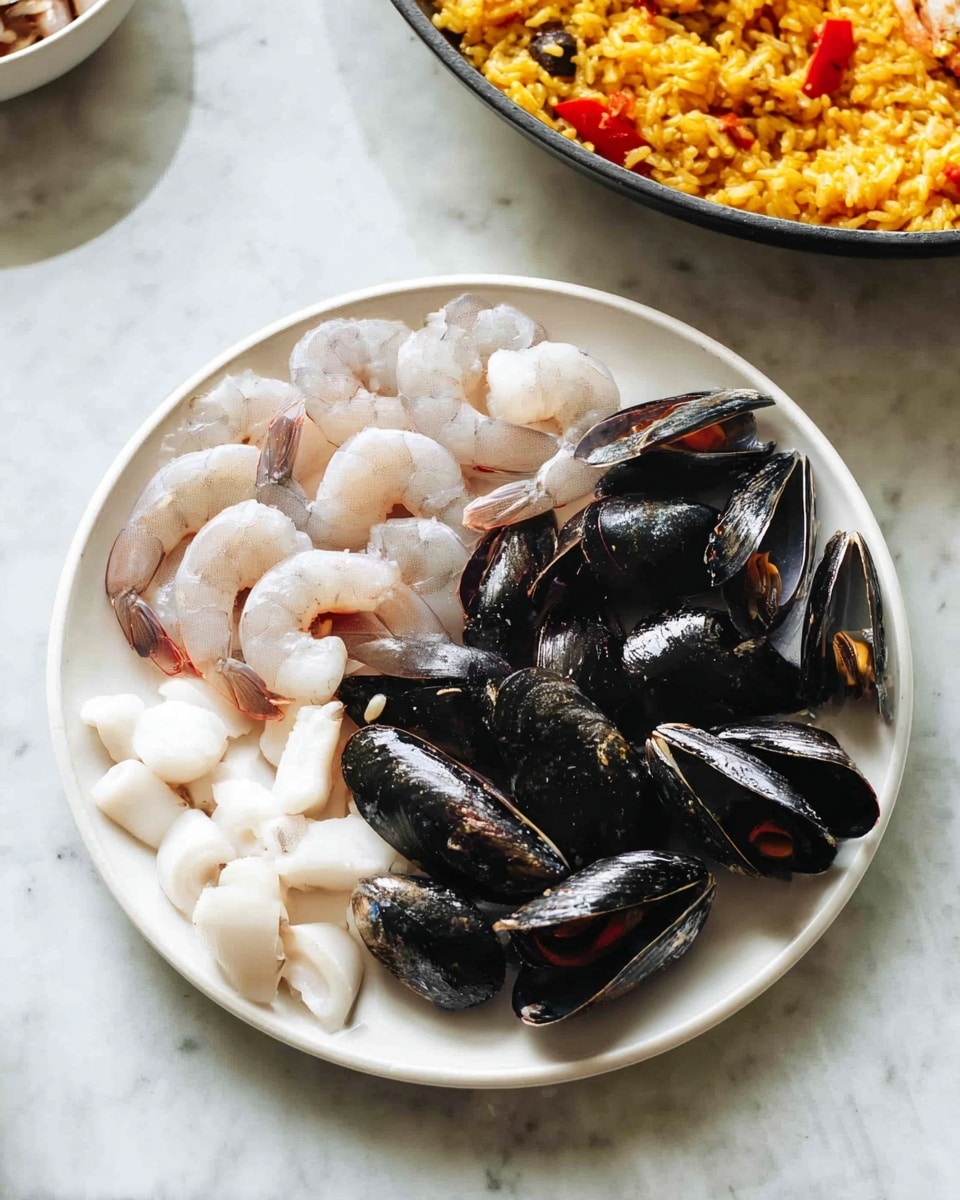 A white plate sits on a white marbled surface holding three groups of seafood arranged in sections: peeled raw shrimp with a translucent white and pinkish color curled tightly positioned on the top left, shiny black mussels clustered on the right occupying most of the plate, and small white squid pieces with a soft texture placed at the bottom left. In the background at the top right corner, part of a pan filled with golden yellow rice mixed with small pieces of red peppers is visible. Photo taken with an iphone --ar 4:5 --v 7