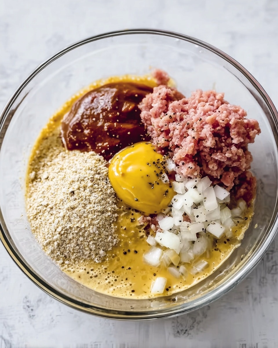 A clear glass bowl sits on a white marbled surface filled with several unblended ingredients arranged separately. Starting from the bottom left, there is a layer of pale oats or breadcrumbs, then a dollop of smooth yellow mustard in front of a darker reddish-brown sauce. To the right of these sauces, small white onion pieces are placed next to a mound of pink ground meat. Below the meat, there is a pool of raw beaten eggs with a slightly frothy texture around the edges. Black pepper and some light tan seasoning are sprinkled near the top center. The ingredients remain unmixed and clearly visible in distinct patches. Photo taken with an iphone --ar 4:5 --v 7