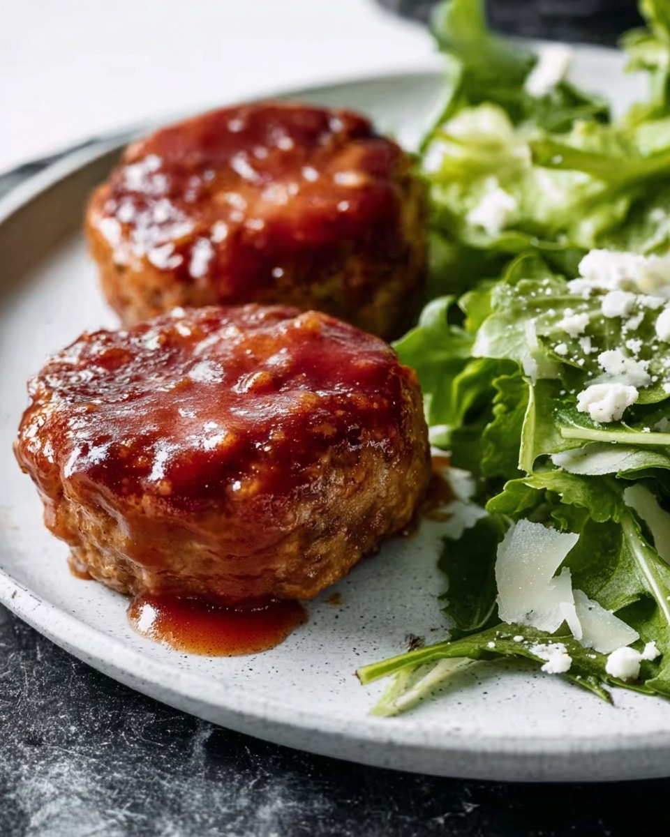 Two small round patties with a shiny, reddish-brown sauce covering the top layer are placed on a white plate; the sauce drips slightly down the sides, giving them a glossy texture. Next to the patties is a small, loose pile of green leafy salad topped with small scattered white cheese crumbles and thin slivers, all on a white marbled surface. The plate and food are in close focus, showing detailed textures and a fresh, appetizing look. photo taken with an iphone --ar 4:5 --v 7