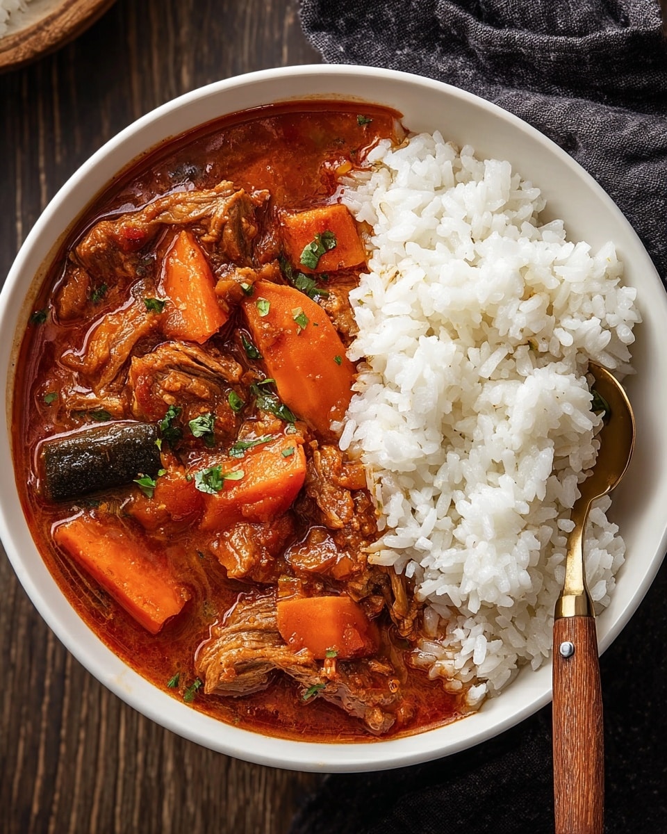 A white bowl filled with two main layers: on one side, fluffy white rice with distinct grains, and on the other side, a rich, reddish-brown stew with visible chunks of tender meat and large pieces of bright orange carrot, as well as dark pieces of vegetables. The stew looks thick and glossy, with bits of green herbs scattered throughout. A wooden spoon with a shiny metal end rests inside the bowl on the stew side. The bowl is set on a dark wooden surface with a dark cloth nearby. Photo taken with an iphone --ar 4:5 --v 7