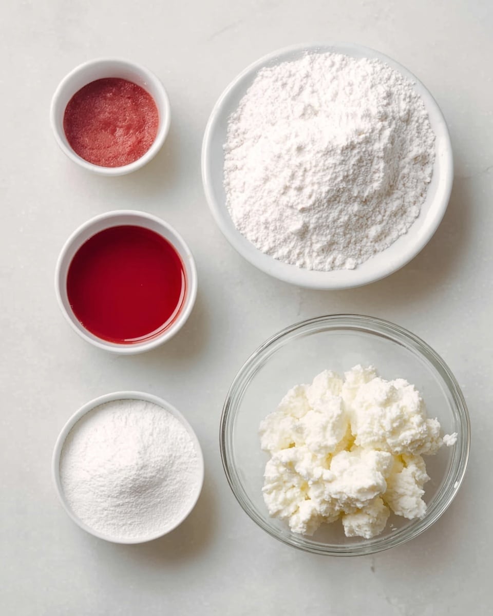 Five small white bowls are arranged on a white marbled surface, each holding different ingredients. At the top right, a bowl is filled with fine white powder. Below and to the right, a clear glass bowl holds a large amount of soft, crumbly white substance. To the left are three smaller bowls: one at the top left filled with a smooth red liquid, below it a bowl with fine white grains, and at the bottom right a bowl filled with chunky white curds. The colors are mostly white with a vivid red contrast in one bowl. photo taken with an iphone --ar 4:5 --v 7