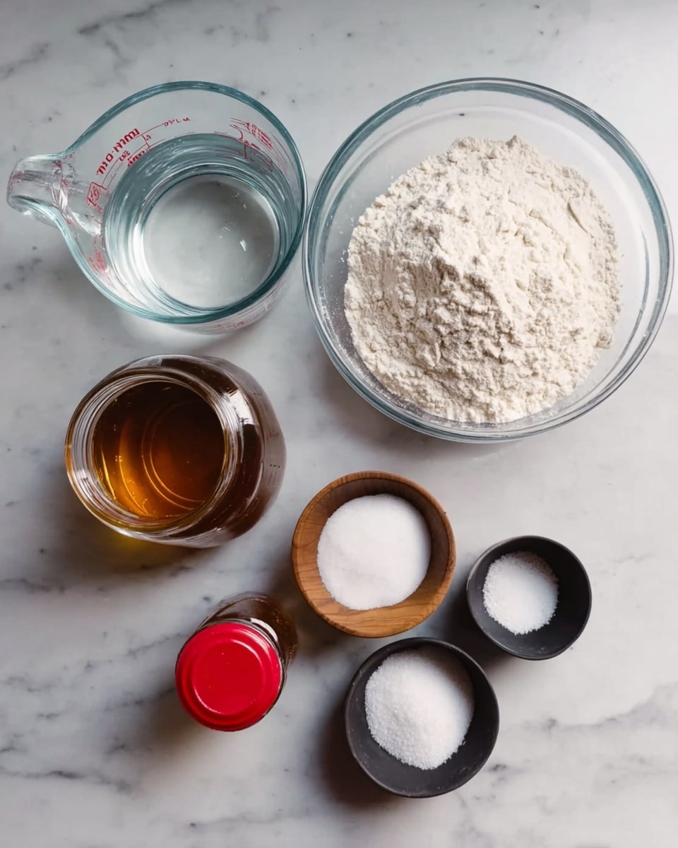 The image shows six baking ingredients arranged on a white marbled surface. On the top right, there is a large clear glass bowl filled with white flour. To its left, there is a glass measuring cup filled with clear water. Below the measuring cup, two small wooden bowls hold white salt and golden-brown syrup. In the center bottom, an open jar with dark amber honey and a red lid rests on the surface. On the right bottom side, a black measuring cup contains white granulated sugar. All items are neatly placed showing their textures and colors clearly. Photo taken with an iphone --ar 4:5 --v 7