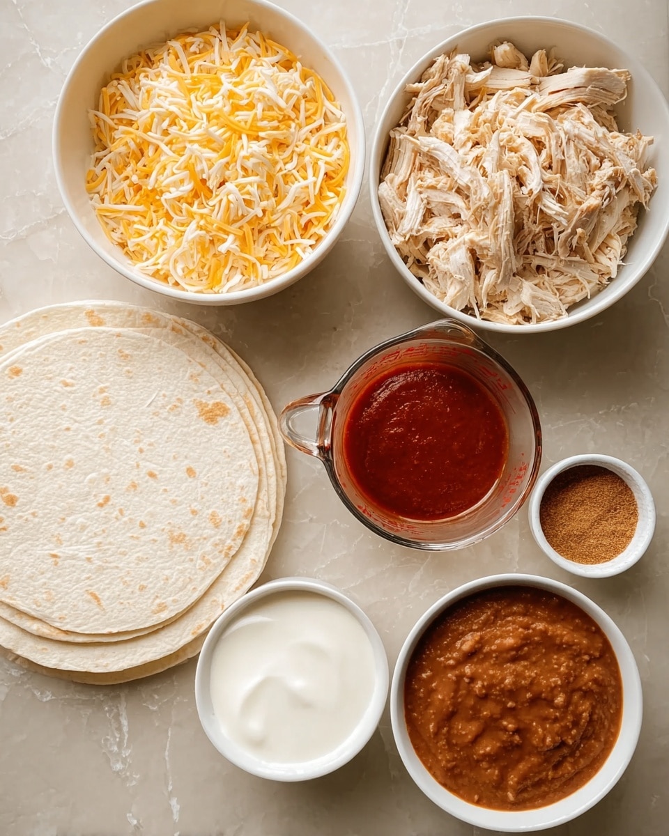 The image shows several food items laid out on a white marbled surface. On the bottom left, there are five round white flour tortillas stacked together. To the right of the tortillas, there is a white bowl filled with shredded cooked chicken. Above that, a glass measuring cup contains a red sauce. On the top left, a white bowl is filled with a mix of shredded yellow and white cheese. Below the cheese bowl, another white bowl holds a smooth white substance, which looks like sour cream. In the center, a small white bowl contains a brown powdered spice. At the bottom right, another white bowl contains smooth refried beans. All items are arranged neatly and clearly for easy view. Photo taken with an iphone --ar 4:5 --v 7