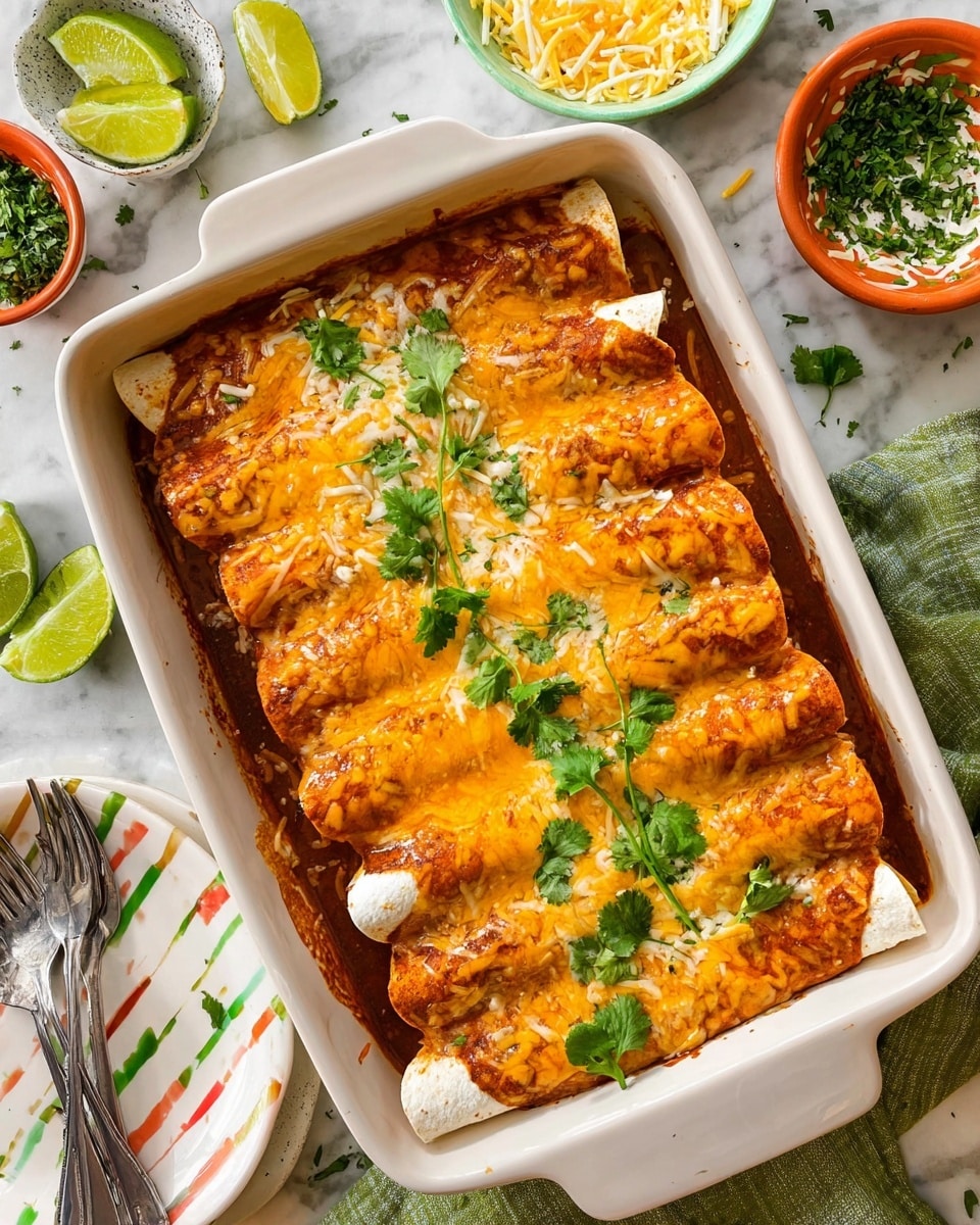 A white rectangular baking dish holds six rolled tortillas filled and perfectly lined up side by side. Each tortilla is covered with a rich orange sauce and melted yellow and white cheese, creating a textured, slightly browned top layer. Bright green cilantro leaves are scattered on and around the tortillas, adding a fresh touch of color. The dish is surrounded by small bowls with shredded cheese and chopped herbs, placed on a white marbled surface, along with lime wedges and a green cloth. Two silver forks rest nearby on a striped white plate. photo taken with an iphone --ar 4:5 --v 7