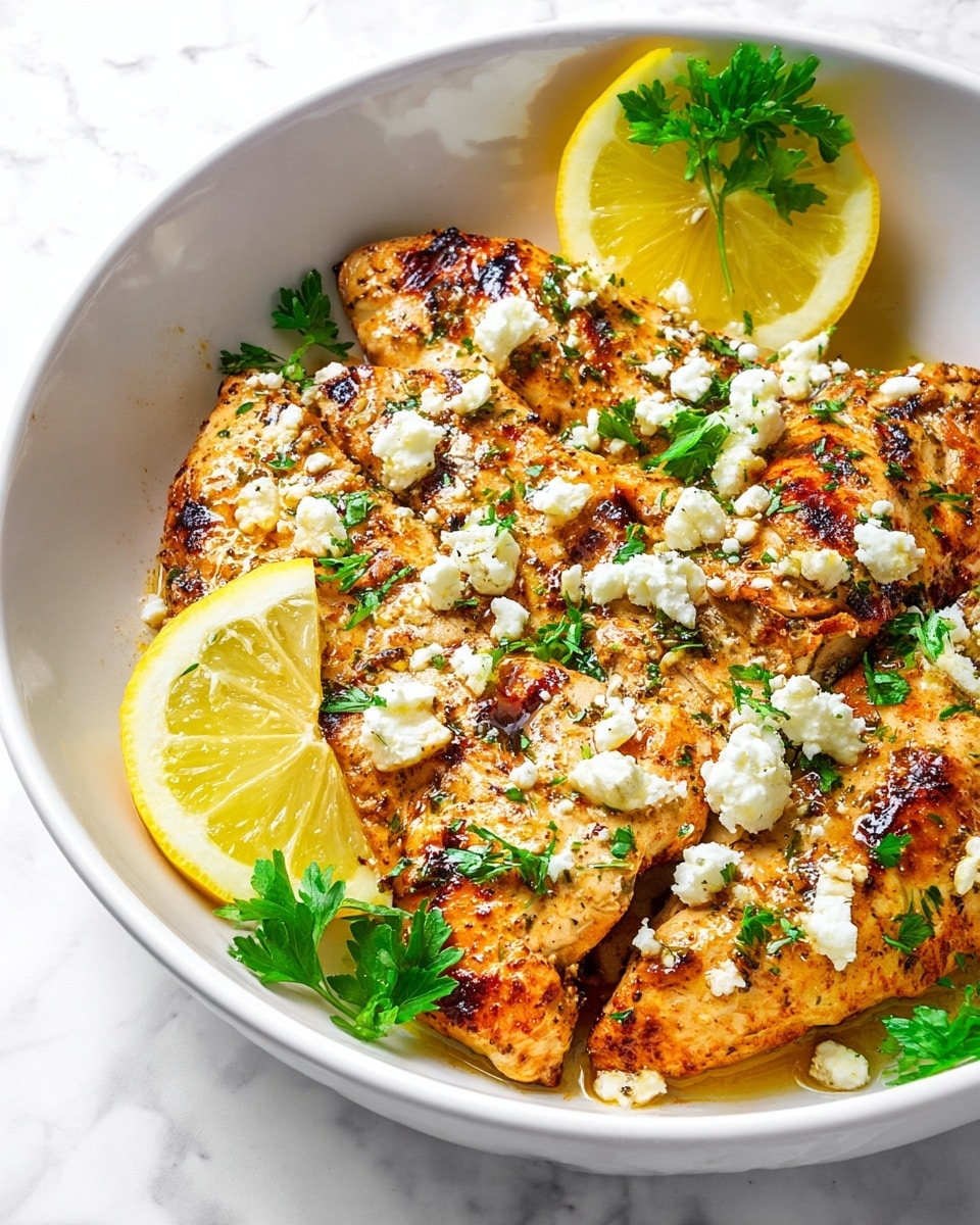 A white shallow bowl holds grilled chicken pieces with a golden-brown and slightly charred surface, seasoned with visible herbs and spices. The chicken is topped with crumbled white cheese and fresh green parsley leaves scattered across. Two lemon wedges with bright yellow rind and juicy pale centers are placed on opposite sides of the bowl. The background and surface beneath the bowl have a white marbled texture, enhancing the fresh and clean look of the dish. Photo taken with an iphone --ar 4:5 --v 7