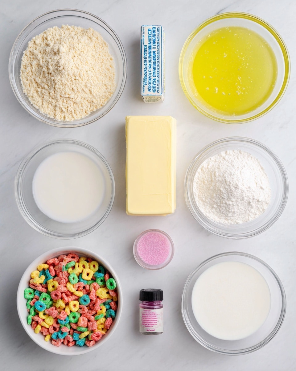 The image shows a white marbled surface with nine ingredients arranged neatly. On the top left, there is a glass bowl filled with light beige powder with a crumbly texture. To its right, a glass bowl contains clear bright yellow liquid with some bubbles. Below the powder, a rectangular stick of pale yellow butter with blue wrapping text is placed horizontally. To the right of the butter, a small glass bowl holds white milk. Below the bowl of yellow liquid, another glass bowl is filled with fine white sugar. Below the milk, there is a white bowl full of multicolored, crispy cereal pieces in shades of red, green, blue, yellow, orange, and purple. Next to the cereal on the right, a clear glass bowl contains fine white powder. Between the butter and the cereal, there is a small jar with pink powder and a small black bottle with a pink label. In the middle near the bottom, a white container holds thick white cream. photo taken with an iphone --ar 4:5 --v 7