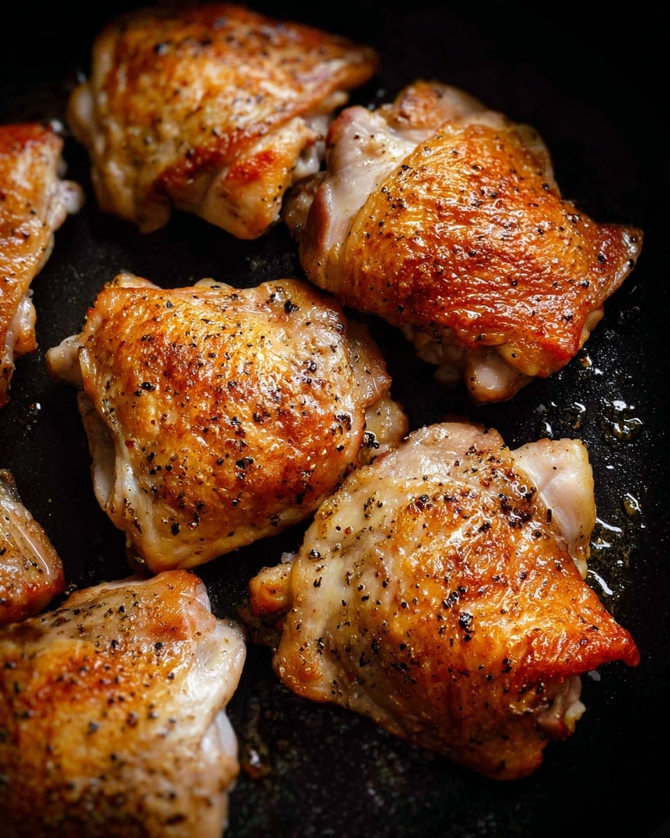 The image shows five pieces of cooked chicken thighs with golden brown, crispy skin, sprinkled with black pepper. The chicken pieces have a light, slightly shiny texture, highlighting the cooked skin and tender meat underneath. They are arranged closely on a dark cooking surface with some small bits of seasoning visible, creating a cozy, warm feeling. photo taken with an iphone --ar 4:5 --v 7