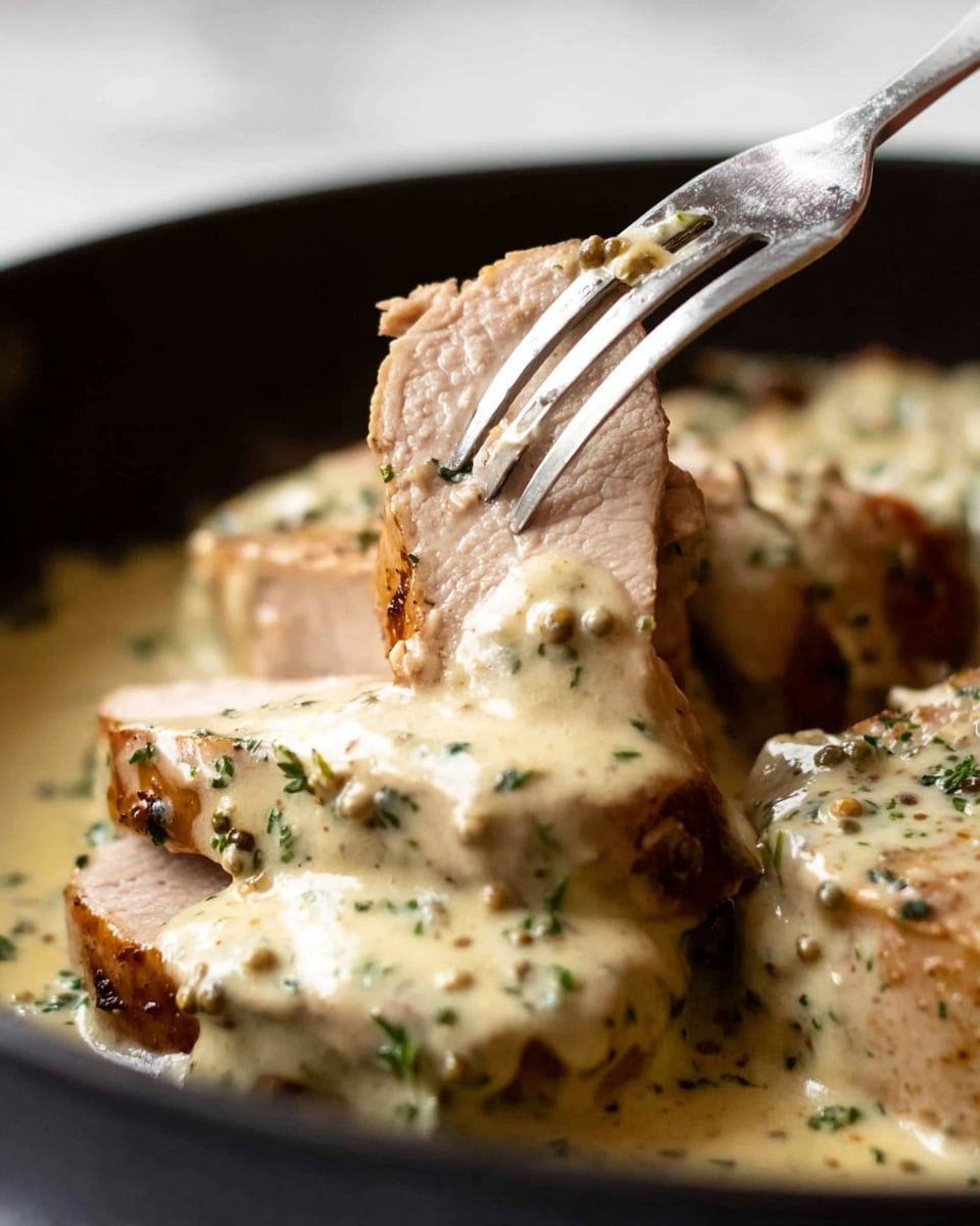 A close-up shows a silver fork lifting a thick slice of cooked meat with a light brown outside and pale inside, covered in a creamy sauce with green herbs and small mustard seeds. The meat slice is part of several placed in a black pan, all drenched in the same creamy herb sauce, which fills the pan bottom. The background is a white marbled surface. photo taken with an iphone --ar 4:5 --v 7