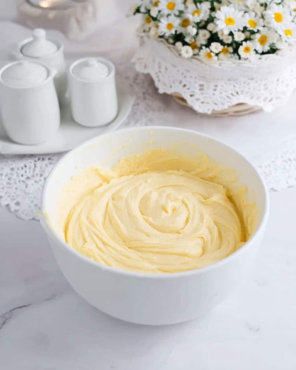 A white mixing bowl filled with creamy, smooth light yellow batter takes center focus. The batter has a soft, swirled texture with gentle peaks and folds, filling most of the bowl. The bowl sits on a white marbled surface. In the background, there is a white plate holding white ceramic containers with lids, and a white wicker basket with small white flowers and yellow centers sits to the side, behind a delicate white lace cloth. The scene is bright and softly lit, creating a clean and fresh feel. photo taken with an iphone --ar 4:5 --v 7