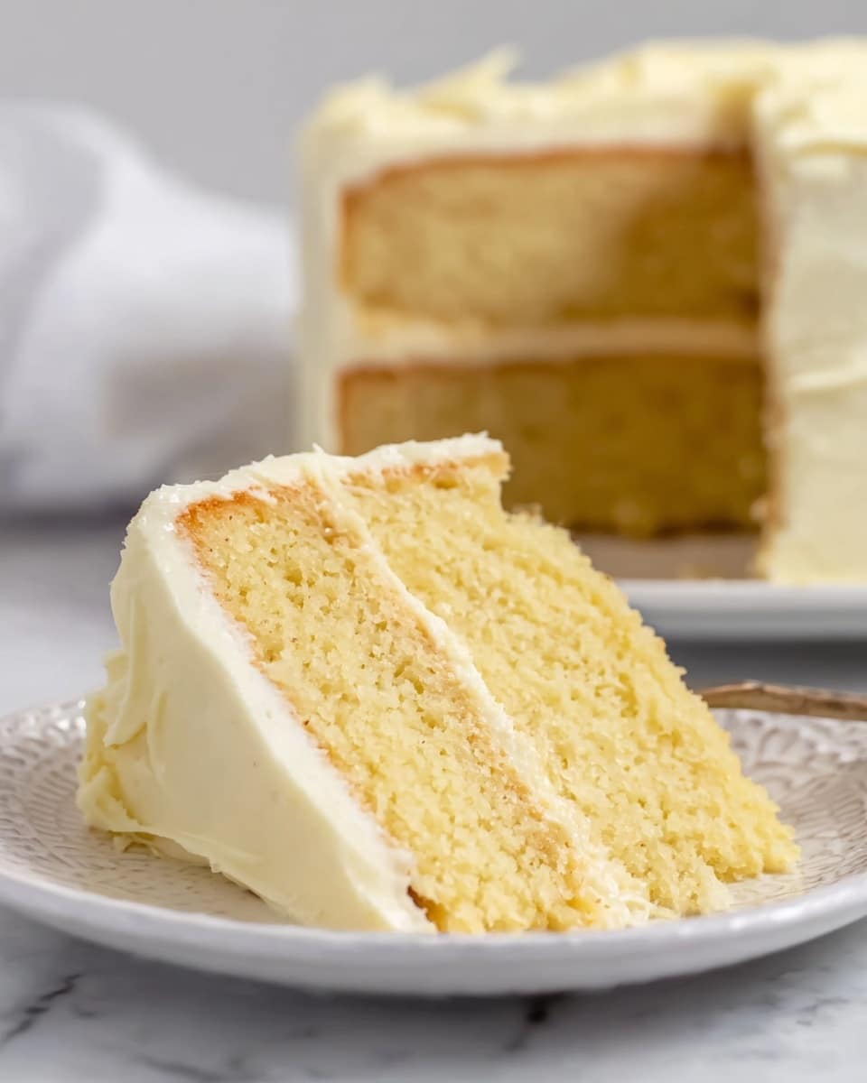 A close-up view of a slice of yellow cake with two thick layers, each layer showing a soft and crumbly texture. Between and around the cake layers is a creamy white frosting that looks smooth and thick, evenly spread. The slice is placed on a white plate with a delicate pattern, set against a white marbled surface. In the background, the rest of the whole cake with the same frosting is slightly out of focus. Photo taken with an iphone --ar 4:5 --v 7