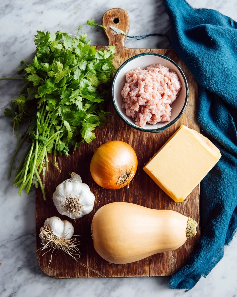 A rustic wooden cutting board sits on a white marbled surface holding fresh ingredients: a bright green bunch of cilantro on the top left, a small bulb of garlic with roots at the bottom left, next to a round, golden-brown onion with its stem pointing upward. To the right is a pale, smooth butternut squash and beside it a thick rectangular block of solid pale yellow cheese. A small white bowl with a dark rim sits on the top right corner of the board, filled with soft, pale pink ground meat. A deep blue cloth is casually draped at the top right behind the board. Photo taken with an iphone --ar 4:5 --v 7