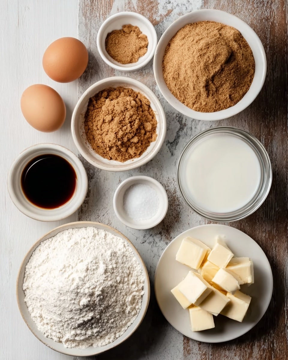 The image shows a flat display of baking ingredients on a white marbled surface. There are eight items: two brown eggs on the left; a large white bowl filled with white flour in the bottom center; a large white bowl full of brown sugar above the flour bowl; a small white bowl with mixed brown powders at the top left; a small white bowl with dark liquid like vanilla extract beneath the spice bowl; a very small white bowl with salt below the vanilla; a glass bowl of white milk to the right of the vanilla; and a small white plate with cubes of butter to the right of the salt. The textures range from smooth liquid milk and vanilla to coarse brown sugar and soft flour. photo taken with an iphone --ar 4:5 --v 7