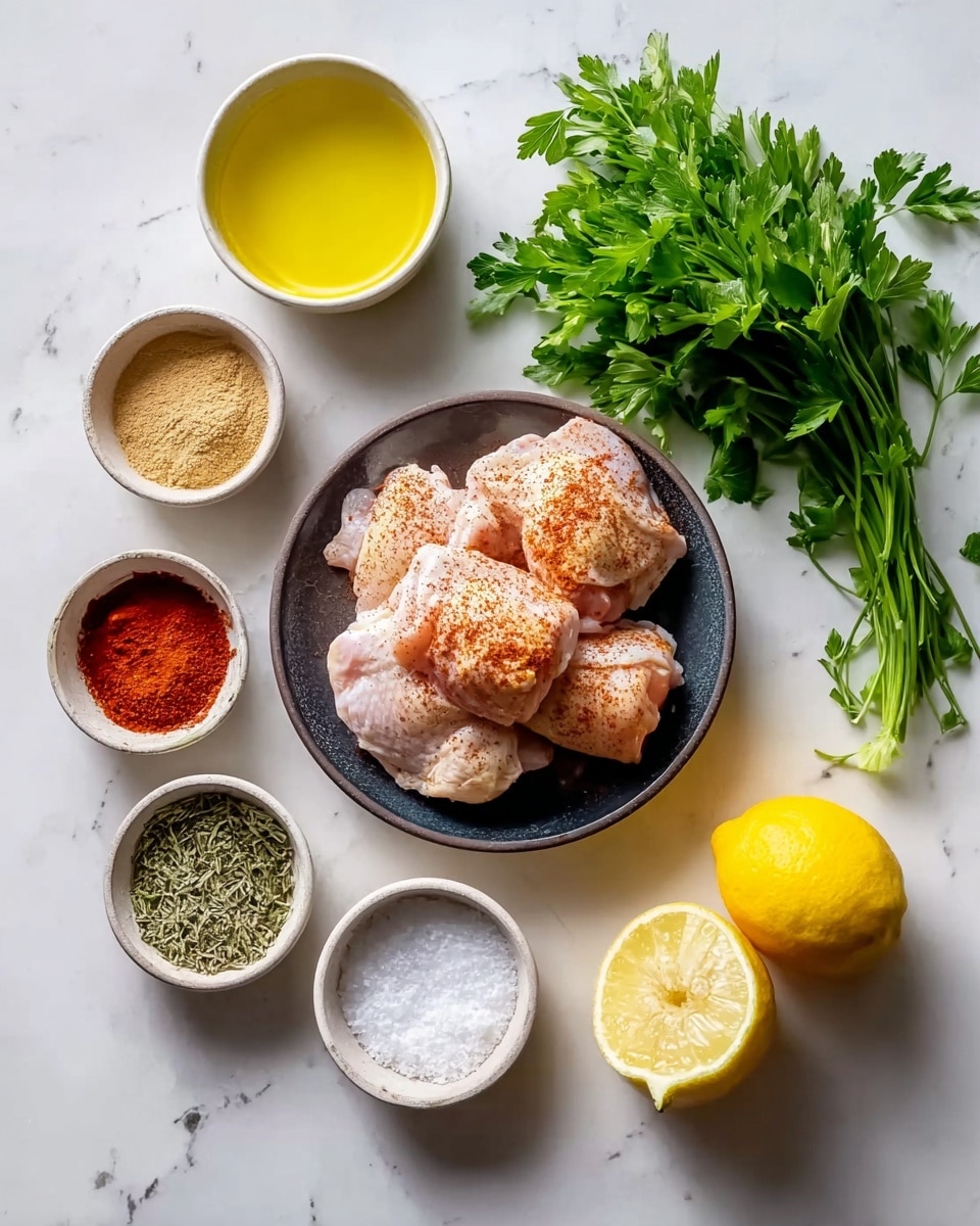 A white marbled surface holds a small round black plate at the center with five raw chicken pieces sprinkled with light red spice. Around the plate are seven small bowls and items arranged in a loose circle: a bowl of bright yellow oil at the top, a bunch of fresh green parsley on the right, a bowl of white salt below the parsley, a bowl of light brown powder next to the salt, half a sliced lemon showing its pale yellow inside, a small bowl of dried green herbs, a whole bright yellow lemon, a white bowl of pale yellow oil, and a bowl of red spice powder on the left. Photo taken with an iphone --ar 4:5 --v 7