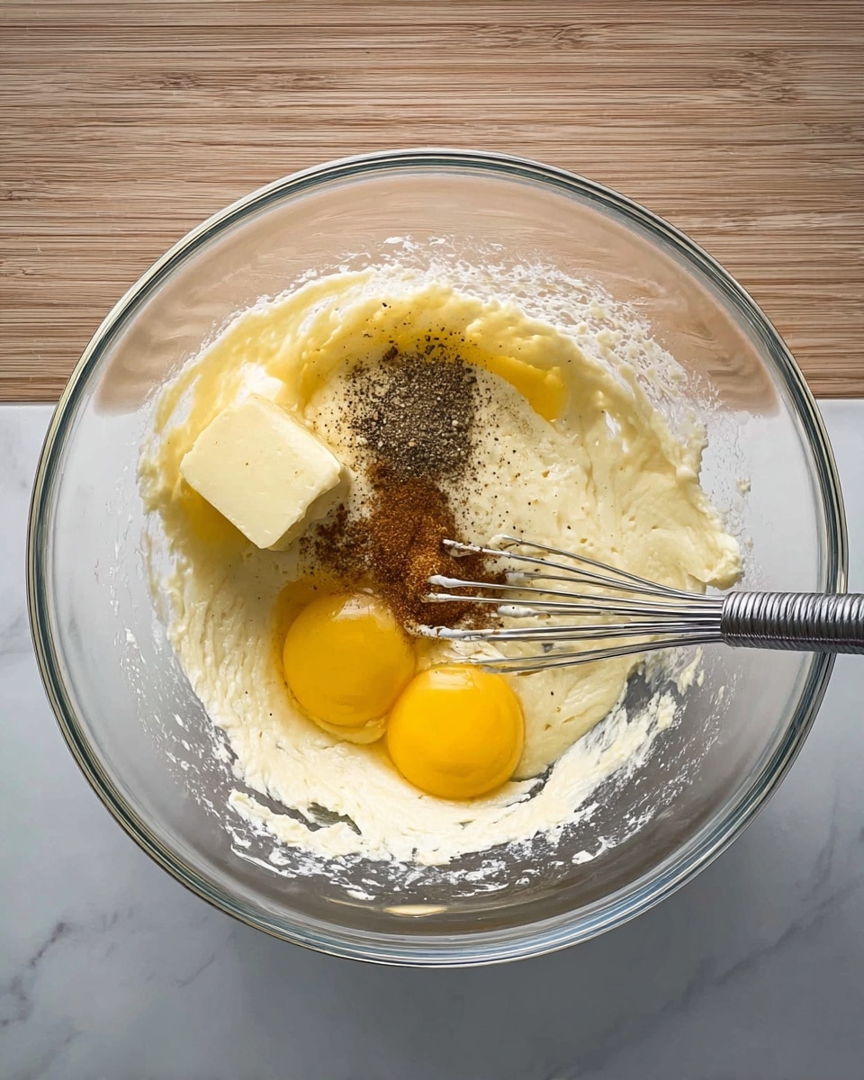 A clear glass bowl sits on a white marbled surface, containing a mix of ingredients. Inside, there is a thick off-white creamy base with a smooth texture. On top of this base, there are two bright yellow egg yolks positioned near the bottom left. A small light yellow butter cube rests near the upper right side of the bowl. On the right side of the bowl, there are two distinct piles of spices, one dark brown and the other light brown, scattered on the creamy mix. A silver metal whisk is placed diagonally, resting inside the bowl on the left side. The edges of the bowl show some remnants of the creamy mixture. photo taken with an iphone --ar 4:5 --v 7
