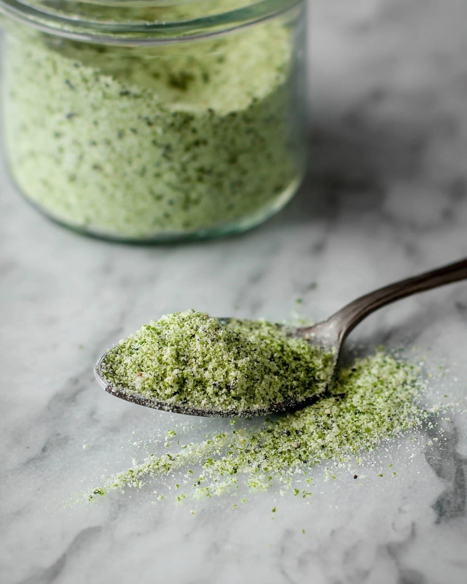 A close-up view of a heap of green seasoning powder piled on a silver spoon, resting on a white marbled surface. The powder is finely ground with a mix of light and dark green colors, showing a rough texture with small grainy bits. Some of the powder is spilled around the spoon in a scattered manner. In the background, there is a clear glass jar filled with more of the same green seasoning, slightly out of focus. The image is bright with soft natural light highlighting the details of the powder and spoon. photo taken with an iphone --ar 4:5 --v 7