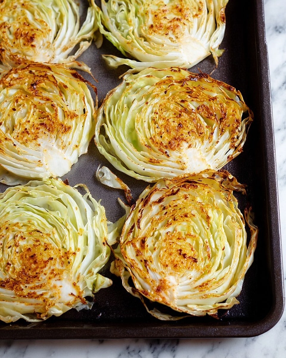 The image shows a black baking tray holding six roasted cabbage slices arranged in two rows of three. Each cabbage slice has several layers of thin, pale green and white leaves with browned and slightly crisped edges. The top layers are sprinkled with a golden yellow spice, giving the cabbage a warm, textured look with bits of green herbs. The tray sits on a white marbled surface, adding a clean contrast to the dark baking tray and the cabbage slices. Photo taken with an iphone --ar 4:5 --v 7