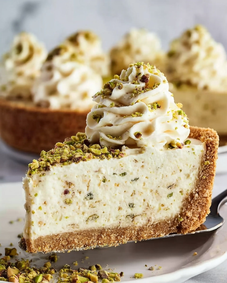 The image shows a close-up of a single slice of cream pie being lifted by a metal spatula. The pie has three main layers: a light brown, crumbly crust at the bottom, a thick, creamy off-white filling with small green bits inside, and a topping of white whipped cream swirled into a tall spiral. The whipped cream is sprinkled with crushed green pistachios, adding texture and color contrast. The slice sits on a white plate, with more whipped cream and pistachio topping visible in the background, all set on a white marbled surface. Photo taken with an iphone --ar 4:5 --v 7