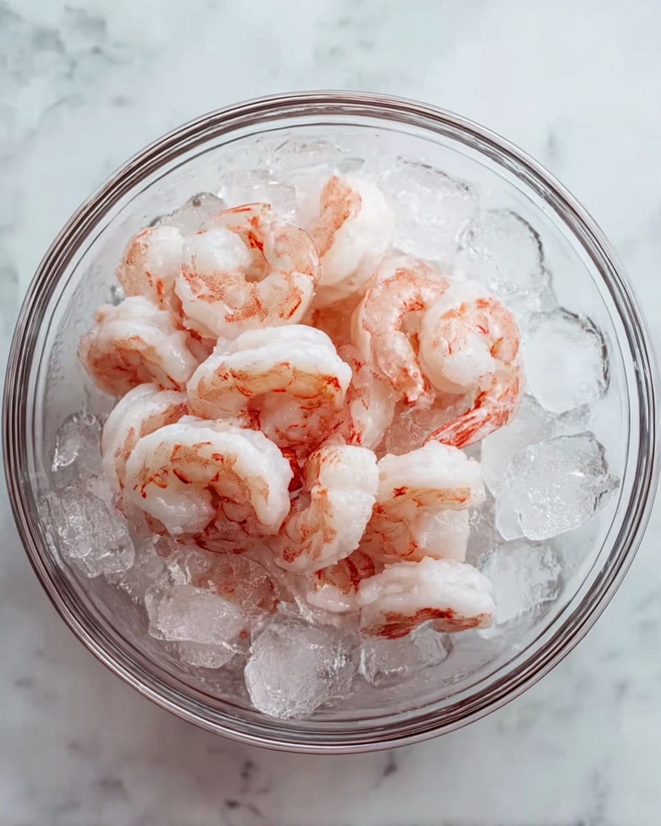 A white clear glass bowl filled with peeled shrimp, light pink and white in color, sitting in cold water with many pieces of clear ice cubes around the shrimp. The bowl is placed on a white marbled surface, and the shrimp are inside the water covered with ice to keep them fresh. photo taken with an iphone --ar 4:5 --v 7
