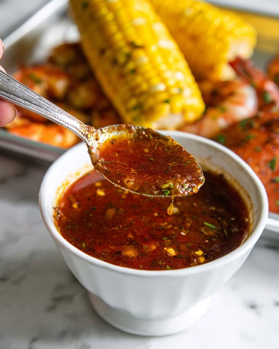 A close-up of a white small bowl filled with a shiny reddish-brown sauce mixed with herbs and spices, showing thick bits of seasoning floating in the liquid. A silver spoon with sauce, herbs, and spices is held just above the bowl. In the background, there is a piece of yellow corn on the cob and some brown cooked potatoes, all set on a white marbled surface. The edge of a silver tray can be partially seen behind the bowl. photo taken with an iphone --ar 4:5 --v 7