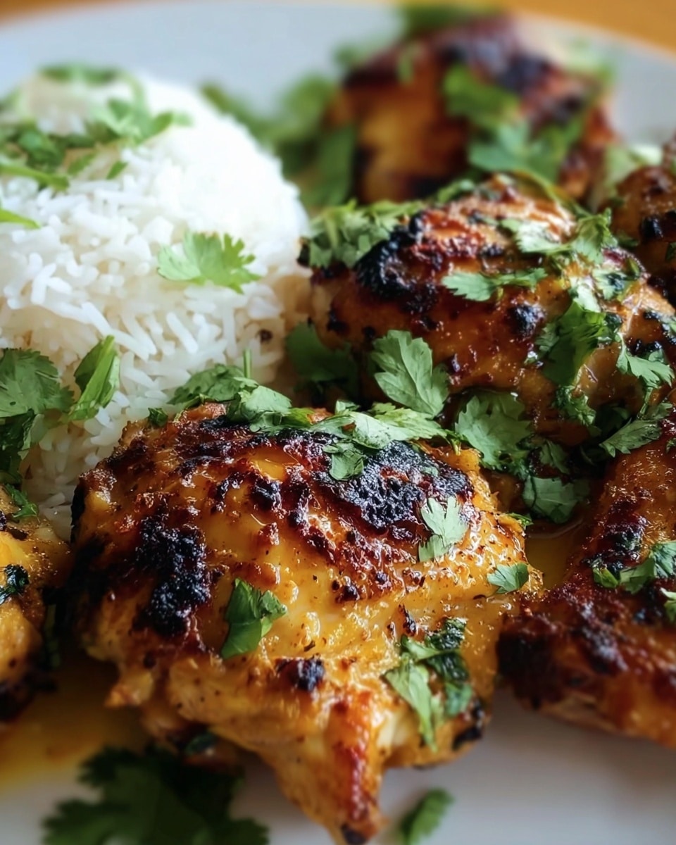 The dish shows three browned, grilled chicken pieces with a golden-orange sauce, garnished with fresh green cilantro leaves on top. To the left of the chicken, there is a layer of fluffy white rice with visible grains. All the food is placed on a white plate, and the background is a white marbled texture. The close-up shot shows the chicken skin’s charred texture and the fresh herbs clearly. Photo taken with an iphone --ar 4:5 --v 7