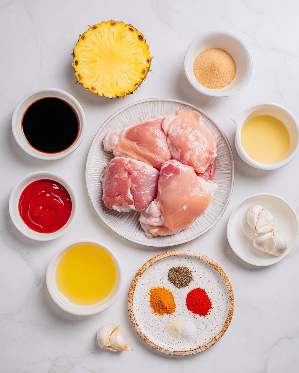 The image shows several small white dishes arranged neatly on a white marbled surface. In the center, a white plate holds three raw pink chicken thighs with smooth, slightly shiny textures. Above the chicken to the left, there is a white plate with a bright yellow pineapple ring. Surrounding these central dishes are small white bowls: one with a dark red sauce, one with light brown brown sugar, one with a pale yellow liquid, and one with a darker brown liquid, likely soy sauce. Another small white bowl contains honey with a shiny texture, while one holds bright red ketchup with a smooth, glossy look. A small round dish contains three dry spices in black, orange, and white colors. Lastly, a single peeled garlic clove rests on the marble surface near the pineapple. The setup is bright with soft natural light and clean, simple presentation. photo taken with an iphone --ar 4:5 --v 7