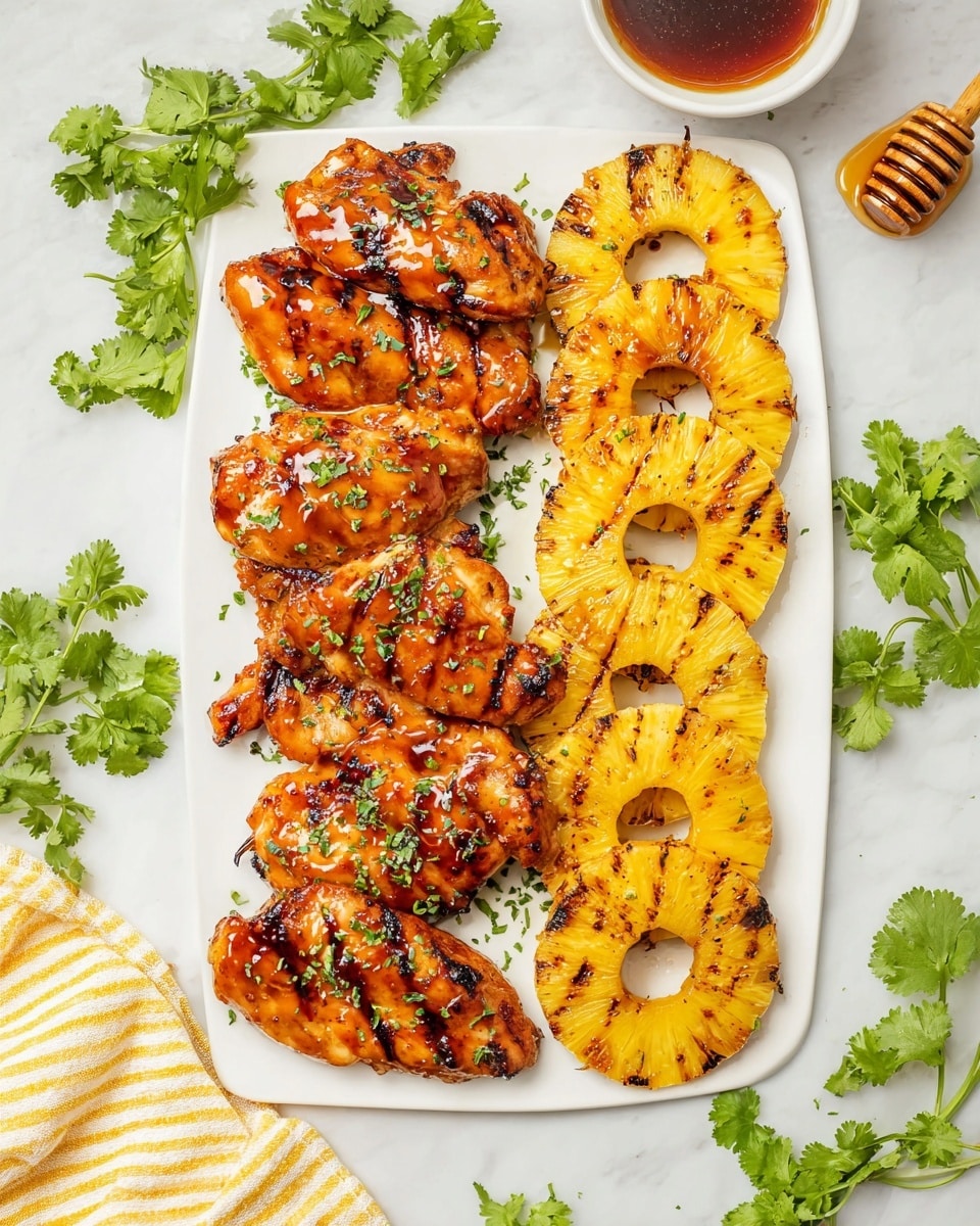 The image shows a white rectangular plate with two main layers of food. On the left side, there are eight grilled chicken pieces with a shiny orange glaze and some small green herb leaves scattered on top. These pieces have dark grill marks and a slightly charred look. On the right side, there is a row of eight grilled pineapple slices, golden yellow in color with darker grill marks. Around the plate, fresh green cilantro leaves are scattered for decoration. Above the plate is a small white bowl filled with dark brown sauce and a wooden honey dipper resting in it. The whole scene is set on a white marbled surface photo taken with an iphone --ar 4:5 --v 7