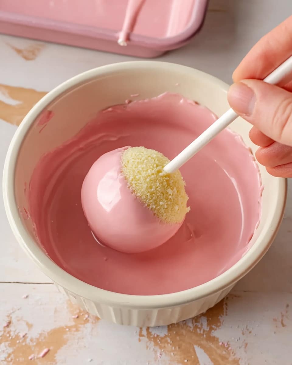 A close-up image shows a round cake pop being dipped into smooth, shiny pink coating inside a white bowl. The cake pop has a visible light yellow crumb layer on one side, while the other side is covered with the glossy pink layer. The round white stick attached to the cake pop is held by woman's hand, just touching the coating inside the bowl. The background features a white marbled surface with light brown streaks and some small spills of the pink coating near the bowl, next to a pink baking tray. photo taken with an iphone --ar 4:5 --v 7