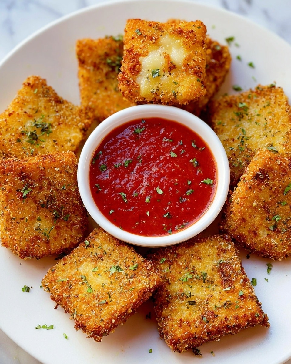A white plate with eight golden brown fried ravioli pieces arranged in a circle around a small white ramekin filled with bright red marinara sauce sprinkled with green herbs. The ravioli have a crispy textured coating with some green herb flakes on top. The plate sits on a white marbled surface with a soft blue and white striped cloth visible in the background. The photo is close up, showing the crunchy texture of the ravioli and the smooth thick sauce in the center. Photo taken with an iphone --ar 4:5 --v 7