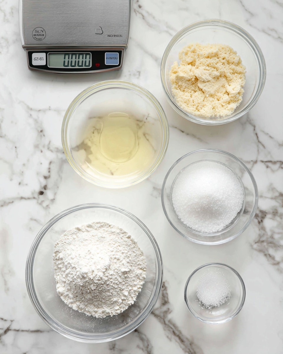 The image shows several clear glass bowls with different ingredients placed on a white marbled surface. In the top center bowl, there are light beige powdered crumbs that look dry and crumbly. Below it to the right is a bowl full of white powder with a fine, soft texture. To the left of that is a bowl with a clear, yellowish liquid that looks smooth. Slightly above and to the left of the liquid bowl is another bowl filled with white granulated ingredients. On the far right, there is a very small glass bowl with a tiny amount of fine white powder. On the left side of the image, there is a silver digital kitchen scale showing zero. The scene is clean and bright, focusing on the preparation of baking or cooking ingredients. photo taken with an iphone --ar 4:5 --v 7