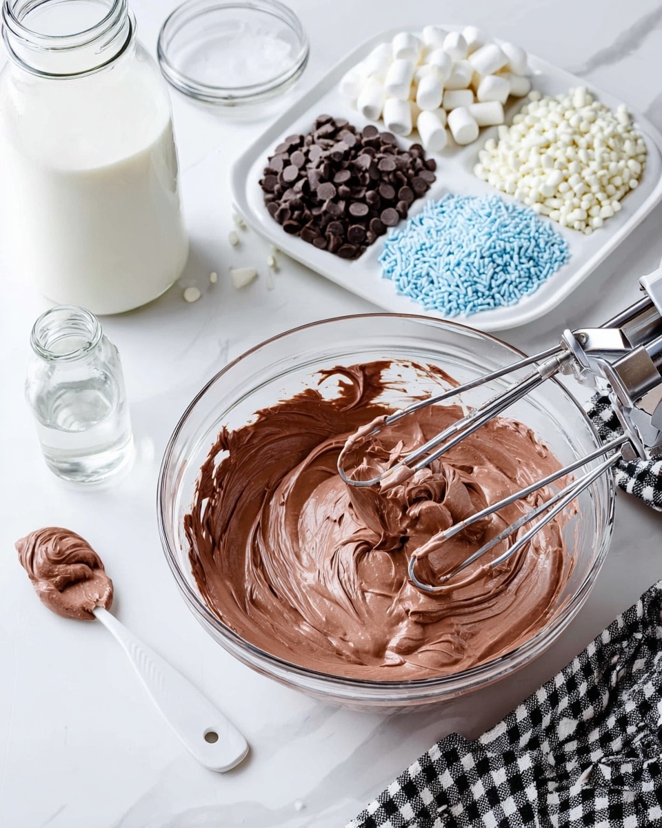 A clear glass bowl is filled with thick, smooth chocolate cream being mixed by a hand mixer with two metal beaters. Behind the bowl, a white plate holds six small piles of different toppings: mini marshmallows, white candy pellets, blue sprinkles, chocolate sprinkles, chopped chocolate chunks, and tiny chocolate chips. To the left, a large glass jar is filled with white milk, and there is a small empty glass bottle nearby. A white spatula with some chocolate cream rests on a small white plate with a white marbled texture on the surface. Everything is set on a white marbled surface with a checked black and white cloth partly visible on the bottom right. Photo taken with an iphone --ar 4:5 --v 7