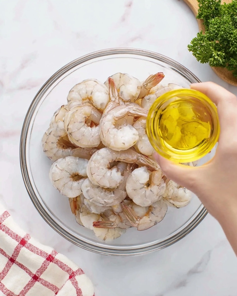 A clear glass bowl holds a pile of raw shrimp with light grayish-white shells and slight pinkish tones, arranged loosely in the center. Above the bowl, a woman's hand is holding a small transparent yellow glass container filled with golden olive oil, poised to pour it over the shrimp. The scene is set on a white marbled surface with a folded white and red checkered cloth visible on the lower left side and a small bunch of green parsley partially visible in the top right corner. The overall look is bright and clean. photo taken with an iphone --ar 4:5 --v 7