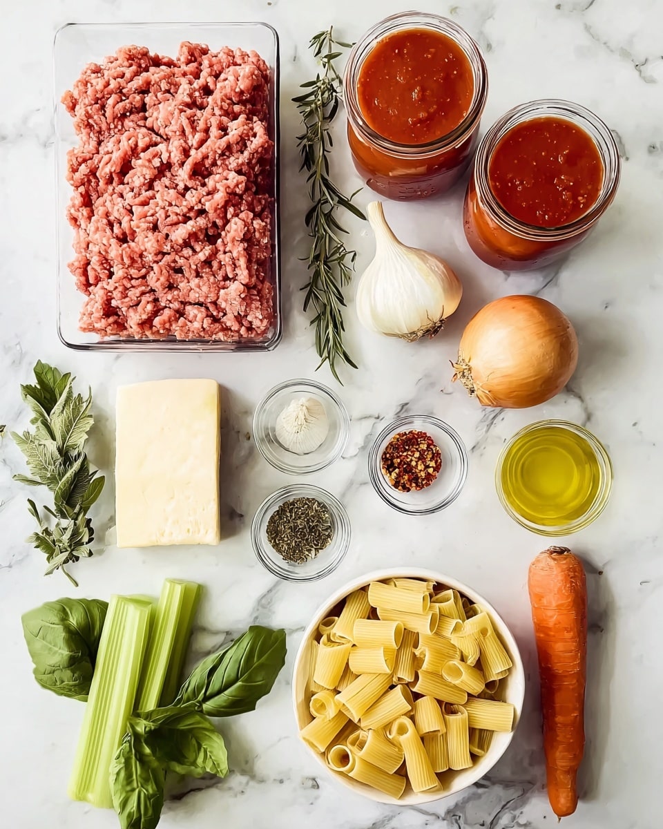 The image shows many ingredients arranged on a white marbled surface. At the top left is a clear plastic tray with raw ground beef, its pinkish-red texture detailed. To the right, two glass jars are filled with red tomato sauce. Next to them is a whole yellow onion. Near the onion, three garlic cloves are placed. Below the onion are small glass bowls with green herbs, red pepper flakes, and dried oregano. A tall orange carrot lies on the right side. Near the bottom center is a white bowl filled with pale yellow rigatoni pasta. To the left of the pasta is a chunk of pale yellow Parmesan cheese and a few celery sticks with green leaves. Fresh green basil leaves are placed below the pasta, and a small glass of yellow olive oil is at the bottom right. The colors are bright and natural, and the ingredients are neatly spread in rows on the smooth white marbled surface. Photo taken with an iphone --ar 4:5 --v 7