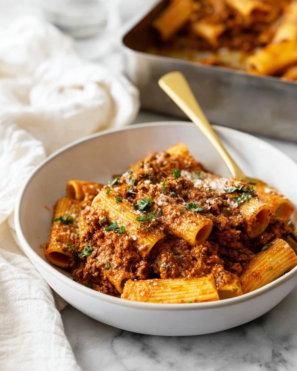 A white bowl holds a serving of rigatoni pasta mixed with a thick, brownish-red meat sauce that has a chunky texture. The pasta pieces are large, tube-shaped, and coated evenly in the sauce. On top, small green herb pieces are scattered, along with some white grated cheese, adding color contrast. The sauce looks creamy, clinging to the pasta. In the background, a metal baking dish with more pasta sits slightly out of focus on a white marbled surface, with a white cloth nearby. A gold fork rests inside the bowl, creating a warm and inviting scene. Photo taken with an iphone --ar 4:5 --v 7