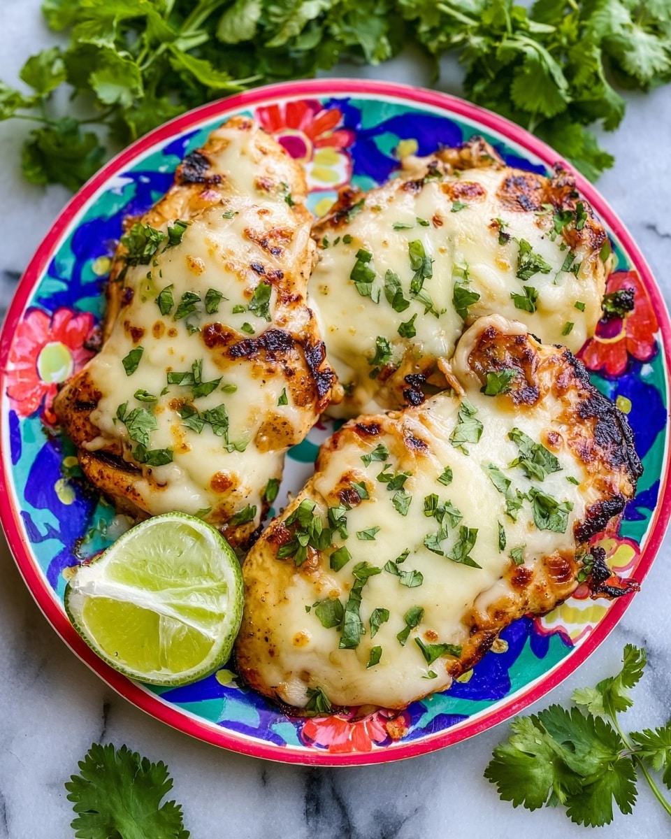 A colorful round plate holds four grilled pieces of chicken topped with melted, pale yellow cheese that covers most of the chicken’s surface. Each chicken piece is golden brown with lightly charred edges visible under the cheese. Fresh green chopped cilantro is sprinkled over the cheese. A halved lime with a bright green inside rests on the plate, and fresh cilantro leaves surround the plate on a white marbled surface. The plate’s vibrant floral pattern contrasts with the white marbled surface. Photo taken with an iphone --ar 4:5 --v 7