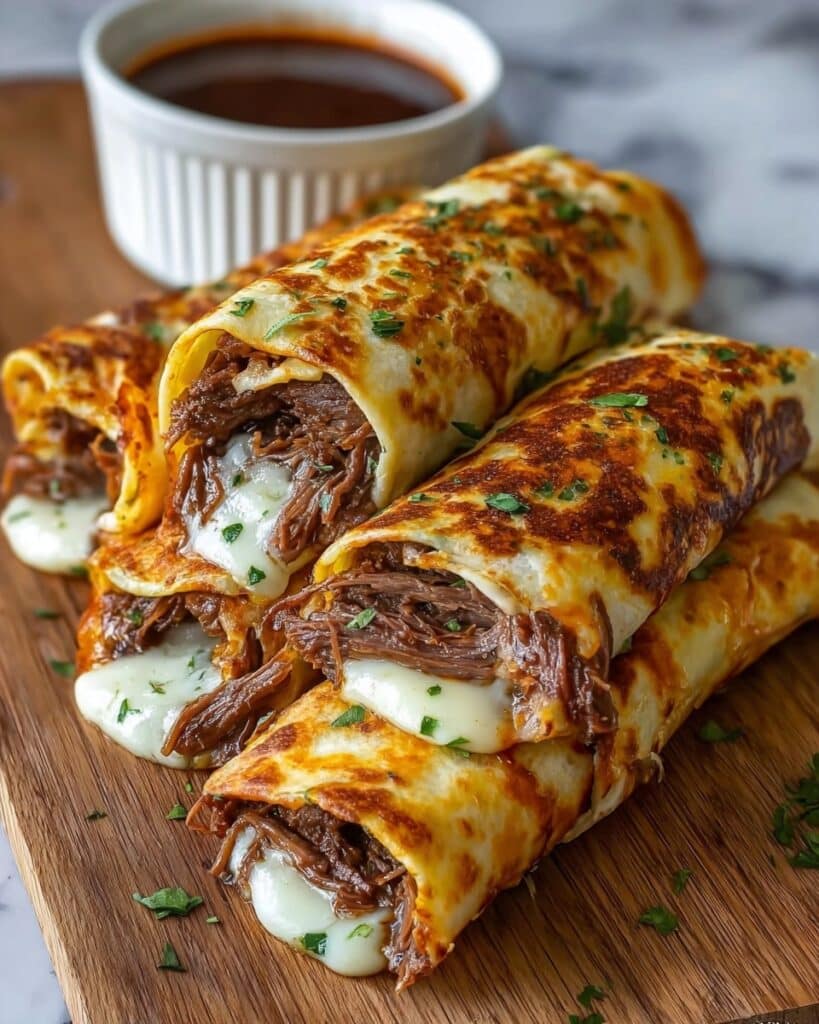 French Dip Tortilla Roll-Ups with Au Jus Dip Recipe