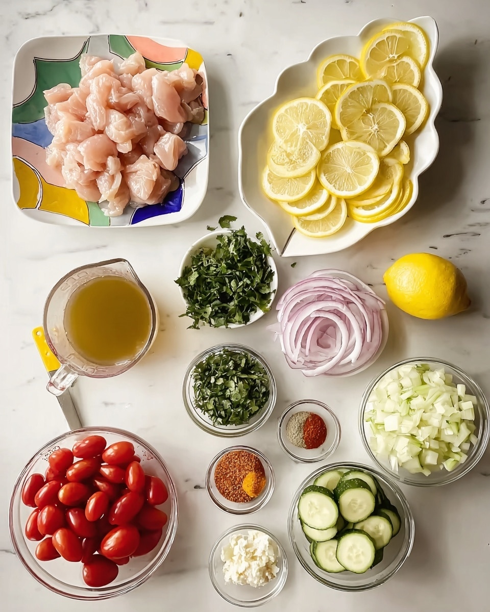 The image shows an overhead view of a white marbled surface with an arrangement of various bowls and plates filled with fresh ingredients. At the center is a white plate with a colorful abstract pattern, holding light pink raw diced chicken pieces. To its top right is a white plate stacked with thin, pale yellow lemon slices. Below the lemon slices is a bunch of fresh green parsley. A white square bowl to the right contains thinly sliced red onions. At the bottom right corner is a white bowl filled with shiny red cherry tomatoes, and next to it at the bottom center is a white plate full of sliced green zucchini. At the bottom left side are two small clear bowls with chopped white onions and crumbled white cheese. Near the top left corner is a transparent measuring glass filled with a light yellow broth. Surrounding that are small clear bowls with a few colorful spices in orange, red, and brown shades. A yellow plate holds a small amount of an unknown ingredient. All elements are arranged neatly on the white marbled surface. photo taken with an iphone --ar 4:5 --v 7
