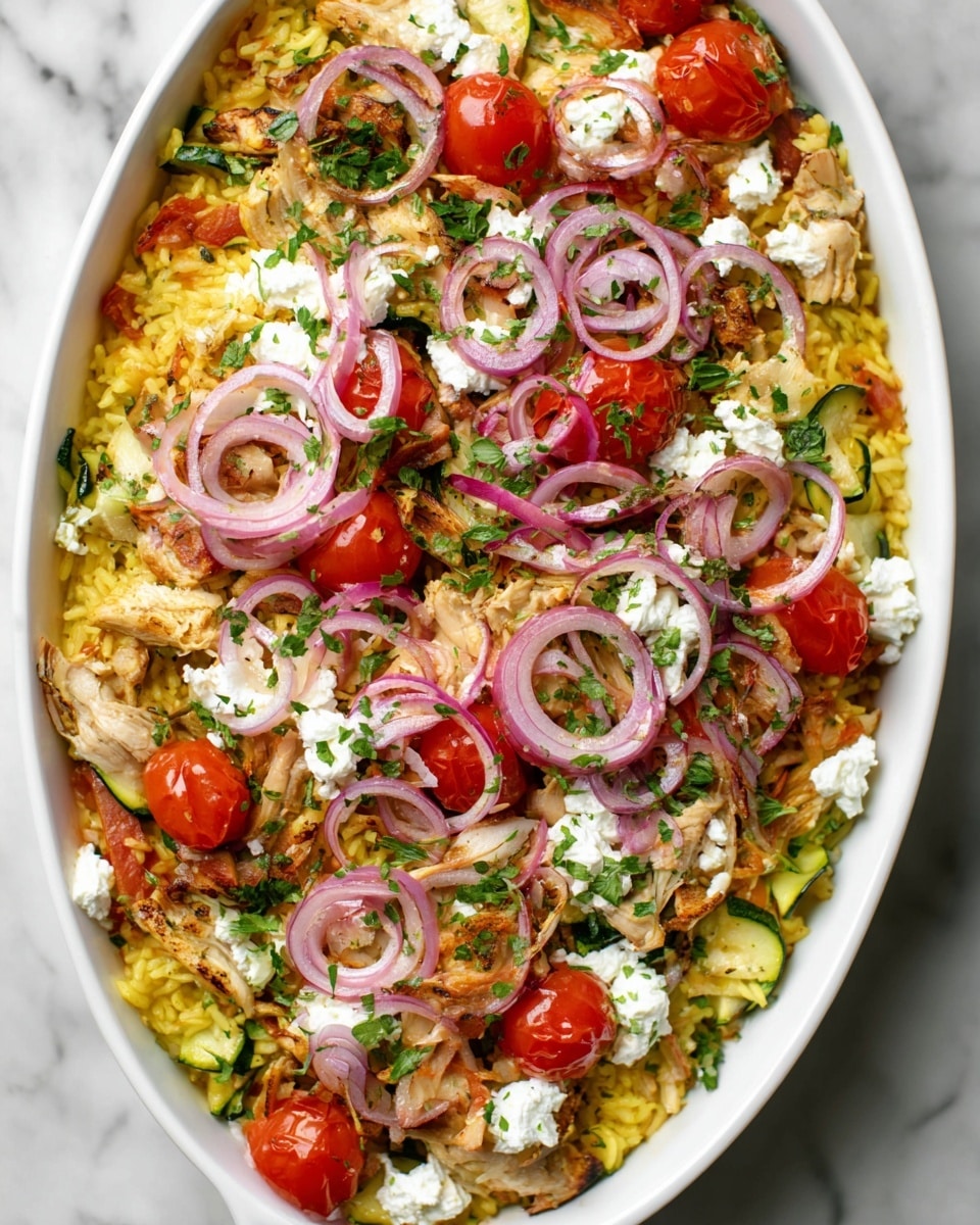 The dish is in a white oval bowl on a white marbled surface and has several layers. The bottom layer is yellow rice with hints of orange spices mixed in, covering the whole bowl. On top of the rice are cooked green zucchini slices and bright red whole cherry tomatoes scattered evenly. There are thin curls of purple-red pickled onions spread around, and small white dollops of soft cheese placed in several spots. Fresh chopped green herbs are sprinkled over the entire dish, adding a touch of color contrast. The overall texture looks soft and moist with vibrant colors. Photo taken with an iphone --ar 4:5 --v 7