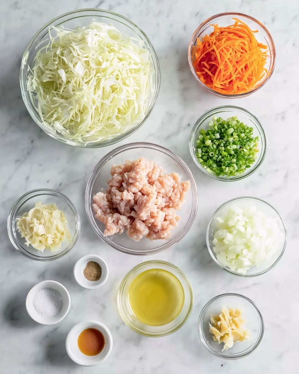 The image shows nine small bowls arranged on a white marbled surface, each holding different ingredients for cooking. In the center is a medium-sized clear bowl with raw light pink chicken meat. Above it and to the left is a large clear bowl filled with thin, white shredded noodles or strips. To the right of the large bowl is a small clear bowl with bright orange shredded carrots. Below the carrots, there is a small clear bowl with chopped white onions. Below the onions is a small white bowl containing a yellowish liquid, likely oil or sauce. Below the chicken and to the left is a small clear bowl with olive oil, golden yellow in color. Above that is a small clear bowl filled with chopped green onions. At the bottom left, there is a small white bowl with white salt crystals. To its right are two small white bowls, one containing light yellow minced garlic and the other containing a grated yellow ingredient, possibly ginger. The bowls and ingredients create clean, colorful layers on the white marbled background. Photo taken with an iphone --ar 4:5 --v 7