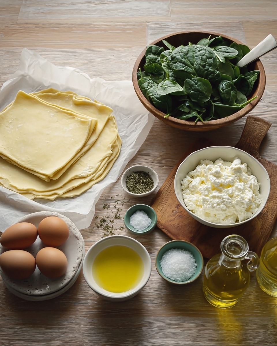 The image shows pie-making ingredients arranged on a wooden table with a white marbled texture background. There are two smooth, square layers of dough placed on white parchment paper in the front left. Behind the dough, a large wooden bowl holds a pile of fresh green spinach leaves, and next to it on the right, a white bowl is filled with soft, white ricotta cheese, sitting on a wooden round board. In front of these bowls, there is a small white bowl with grated yellow cheese, a small blue bowl with salt, and a smaller white bowl with dried herbs. To the right, there is a small bowl filled with melted butter, and nearby are three small clear glass bottles containing various oils or liquids. On the far left, two brown eggs rest in a small white bowl. The image has warm lighting, and the arrangement clearly shows different ingredients laid out for cooking. photo taken with an iphone --ar 4:5 --v 7